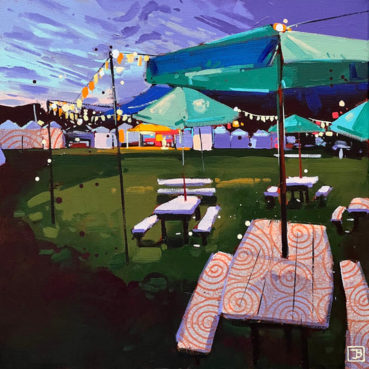Justina Smith - The Festival at Night 2 Canmore Folk Fest Mixed Media on 16 x 16  Gallery Depth Canvas