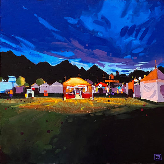 Justina Smith - The Festival at Night Canmore Folk Fest Mixed Media on 16 x 16 Gallery Depth Canvas