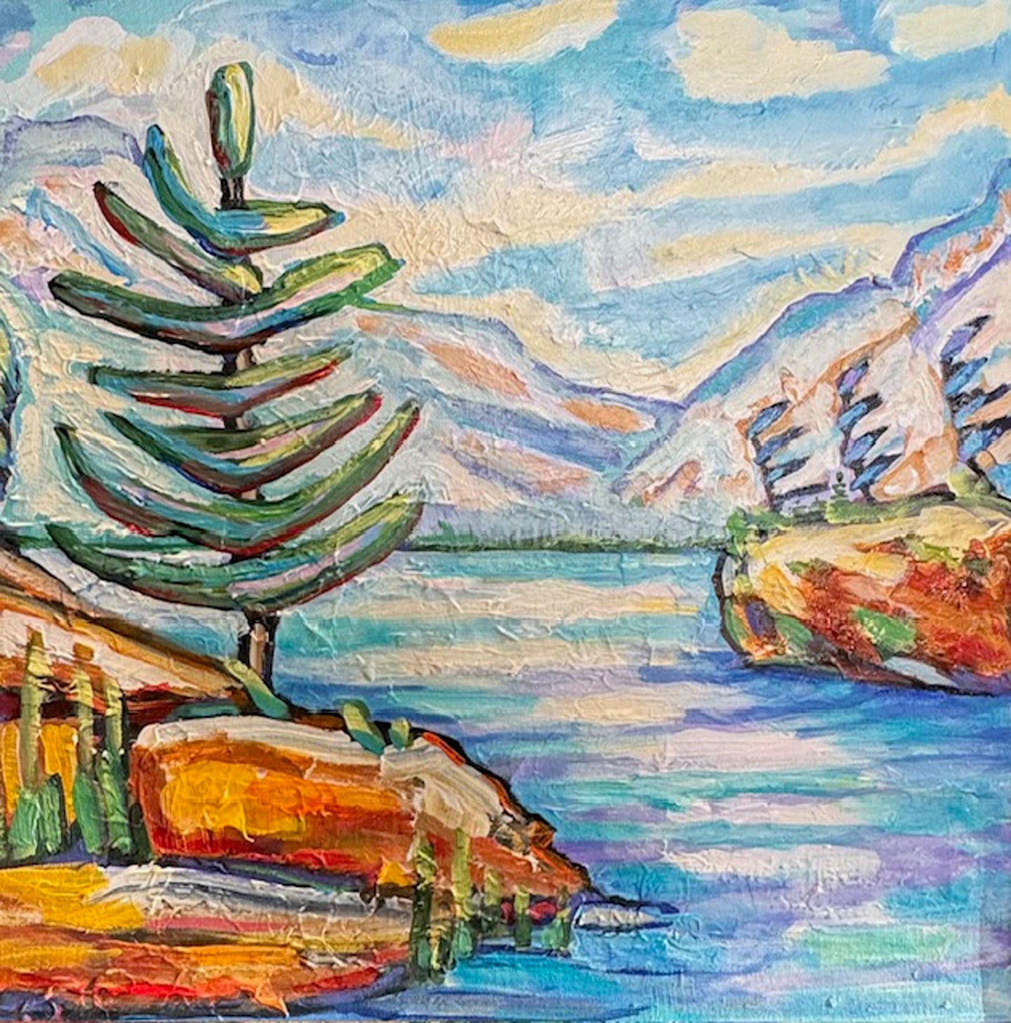 Maureen McNeil - Cascade Mountain Textured Acrylic on 16 x 16 Canvas with a Natural Frame