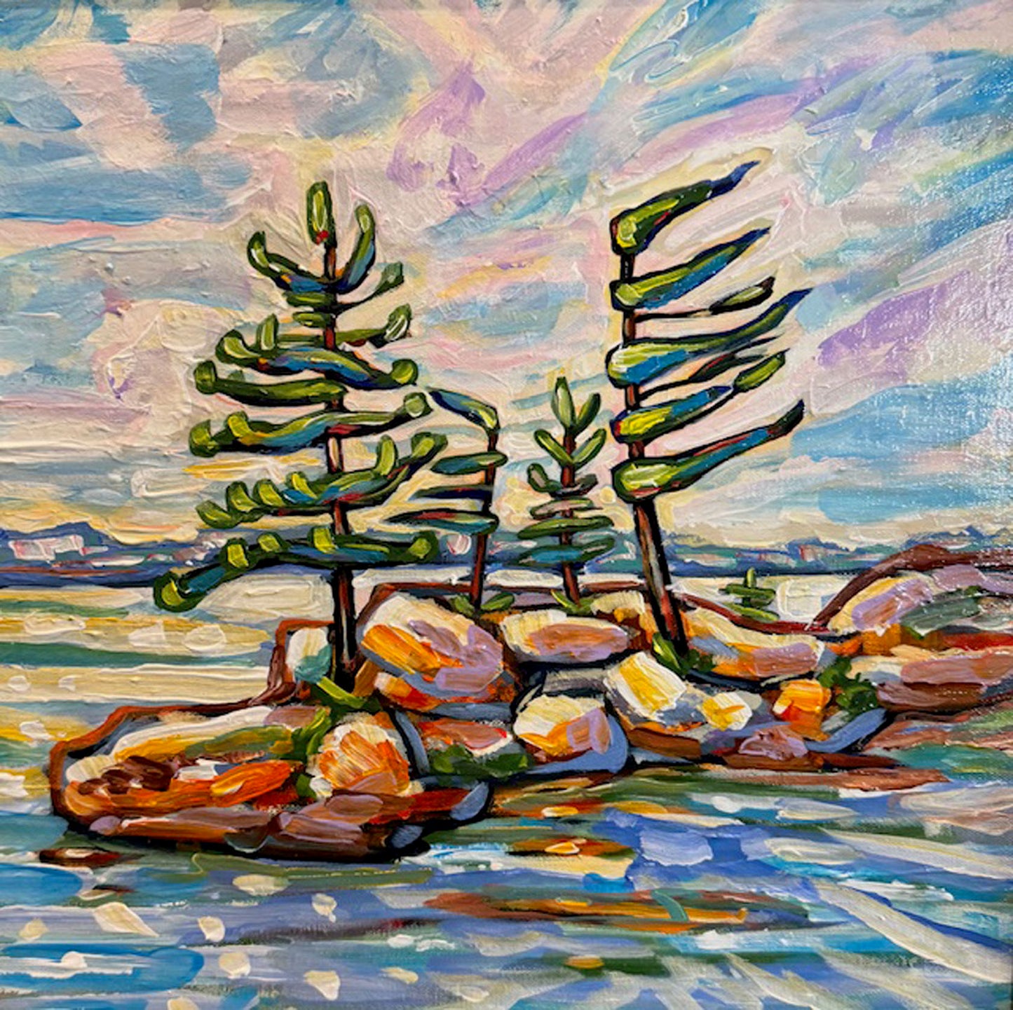 Maureen McNeil - Muskoka Magic Acrylic on 16 x 16 Canvas with a Natural Frame