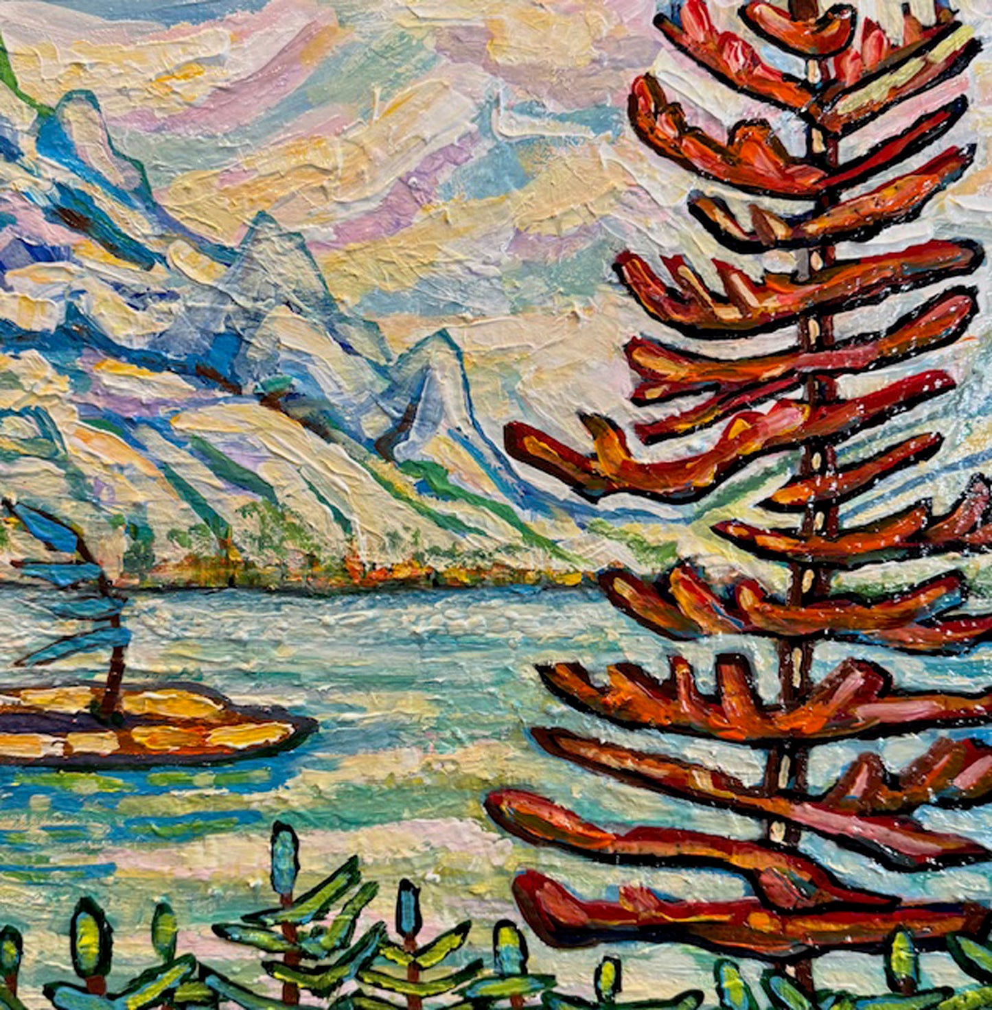 Maureen McNeil - Three Sisters Textured Acrylic on 16 x 16 Canvas with a Natural Frame