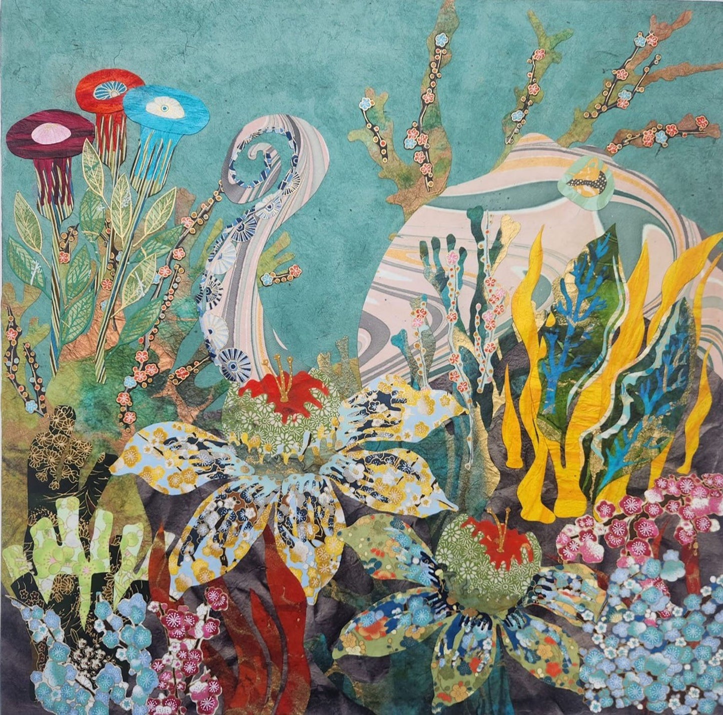 Monica Kerr - Coster Octopus Garden II Paper Collage on 16 x 16 Gallery Depth Panel