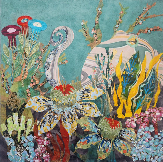 Monica Kerr - Coster Octopus Garden II Paper Collage on 16 x 16 Gallery Depth Panel