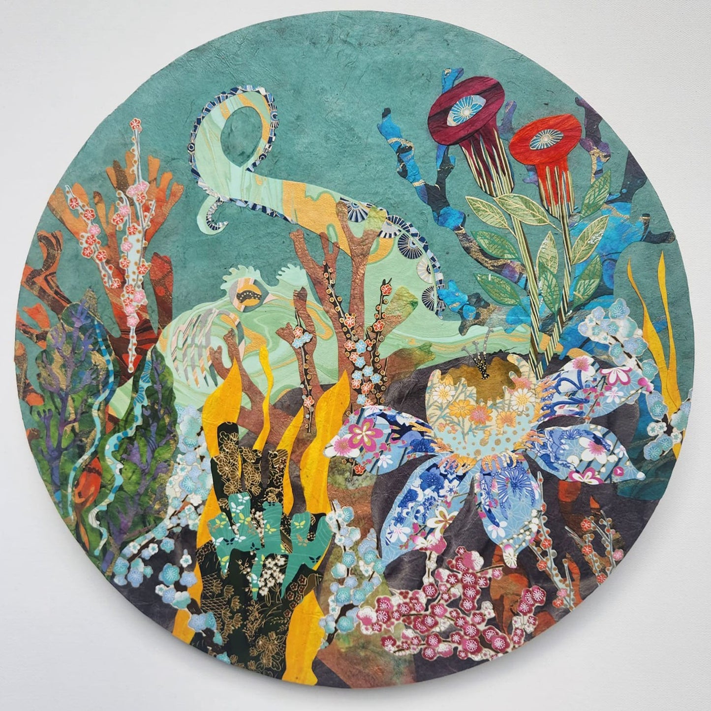 Monica Kerr - Coster Octopus Garden I Paper Collage on 16 x 16 Gallery Depth Tondo