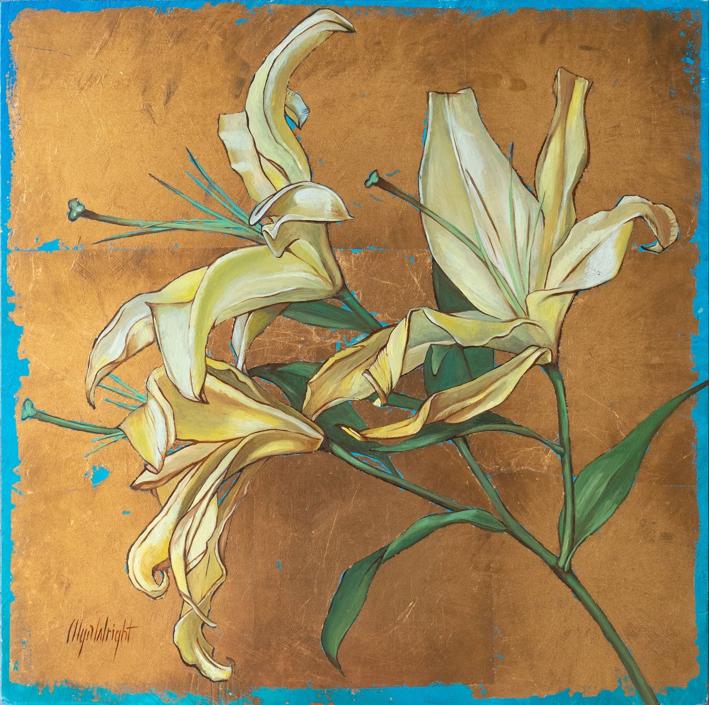 Olya Wright - Beautiful Sunshine Oil And Silver Leaf On 16 x 16 Deep Wood Panel