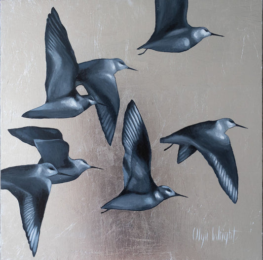 Olya Wright - Dunlins Flight Oil And Silver Leaf On  16 x 16 Deep Wood Panel