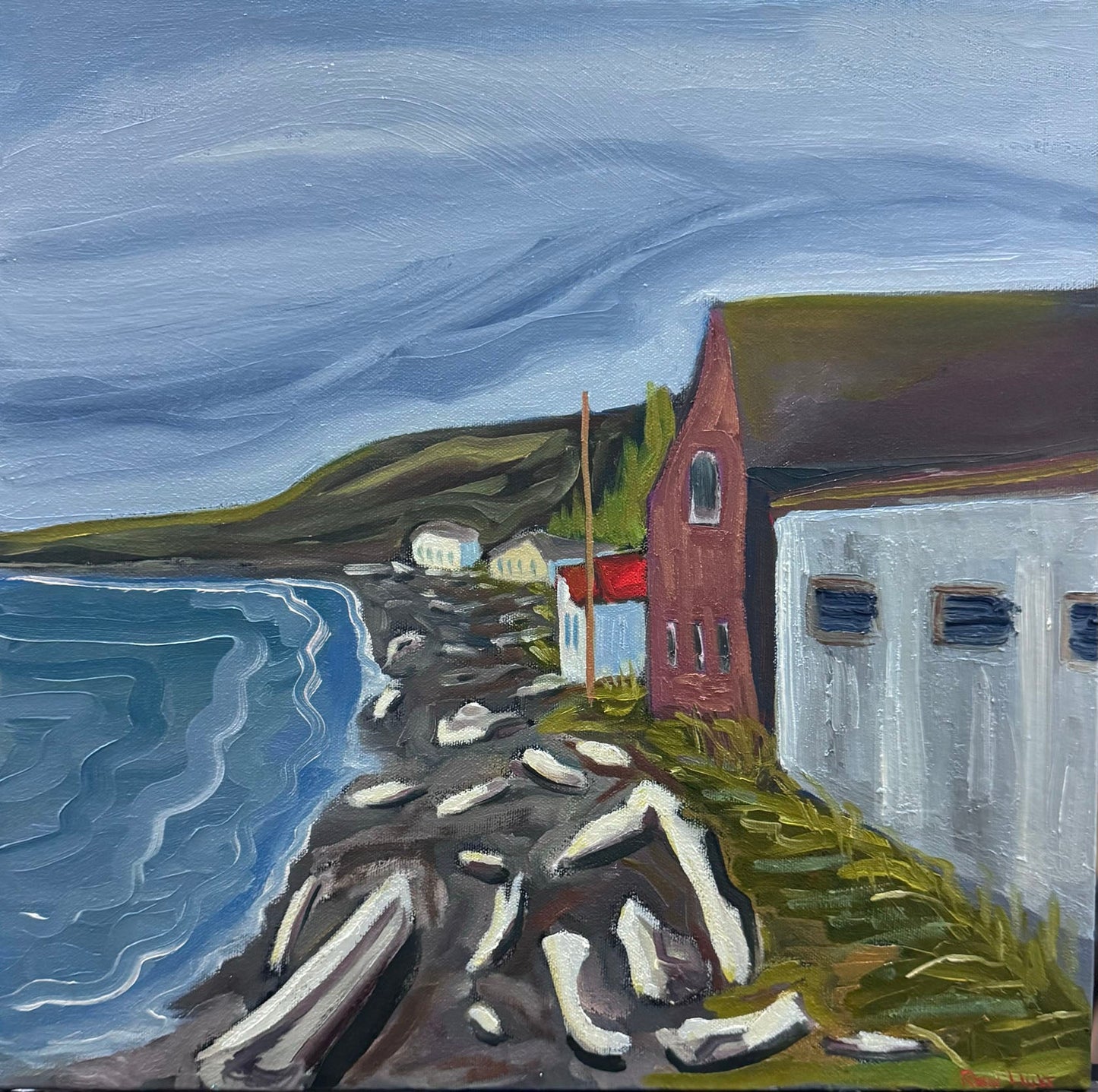 Robin Light - Sheds on the Beach Oil on 16 x 16 Gallery Canvas