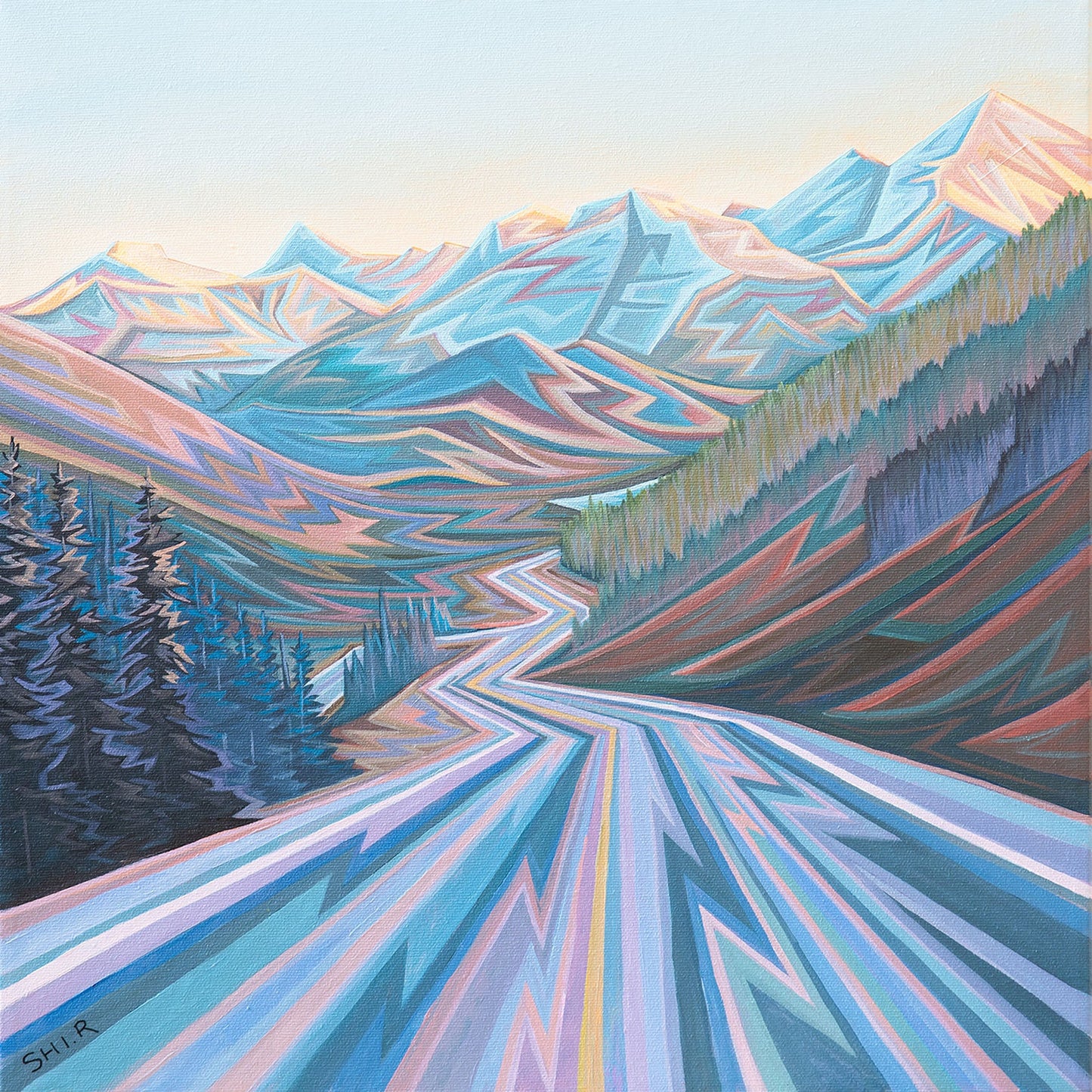 Ruolin Shi - Driving West in Kananaskis Country Acrylic on  16 x 16 Gallery Depth Canvas