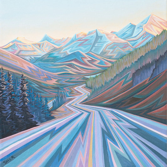 Ruolin Shi - Driving West in Kananaskis Country Acrylic on  16 x 16 Gallery Depth Canvas