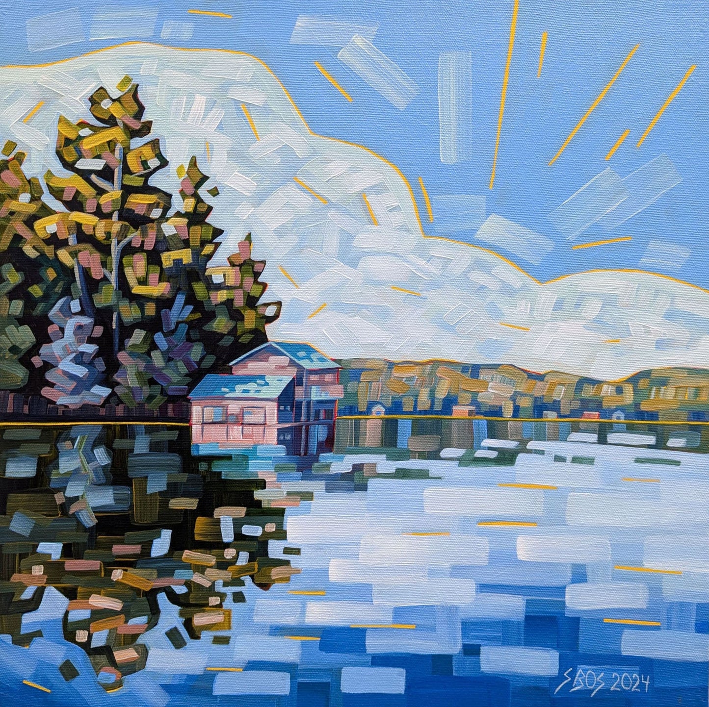 Simone Bos - The Green Roofed Boathouse Acrylic on 16 x 16 Gallery Depth Canvas