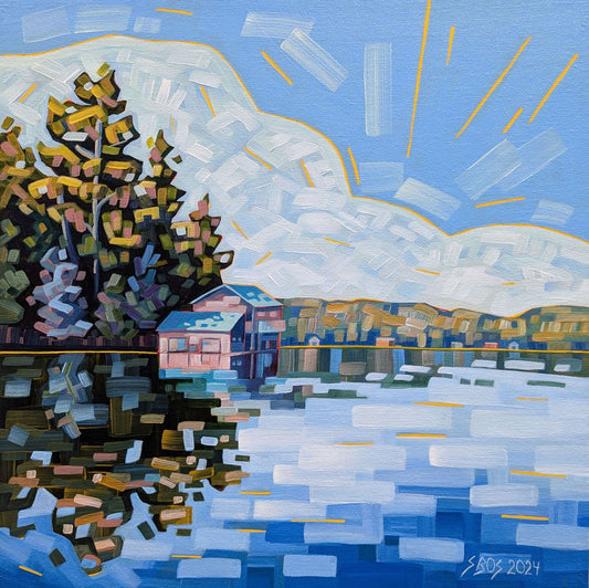 Simone Bos - The Green Roofed Boathouse Acrylic on 16 x 16 Gallery Depth Canvas